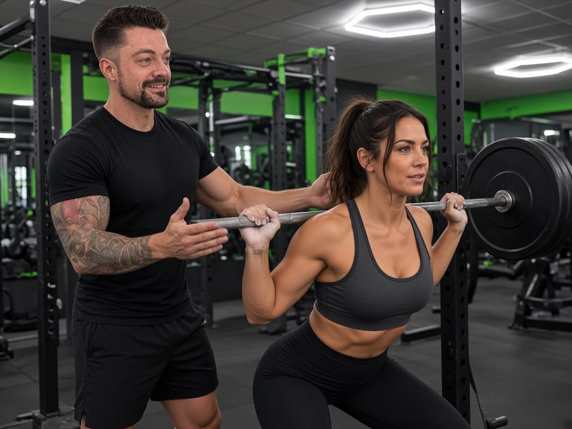 Declan coaching a client through a barbell squat